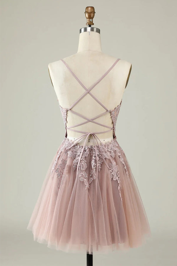 Vestido corto de tul gris azulado con tirantes finos y corte en A para baile de bienvenida PD527
