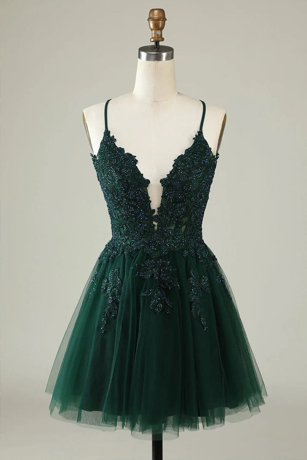 Vestido corto de tul gris azulado con tirantes finos y corte en A para baile de bienvenida PD527