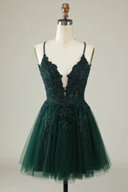 Vestido corto de tul gris azulado con tirantes finos y corte en A para baile de bienvenida PD527