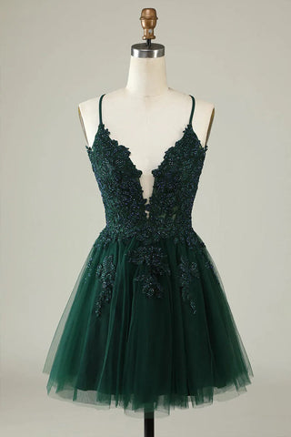 Vestido corto de tul gris azulado con tirantes finos y corte en A para baile de bienvenida PD527