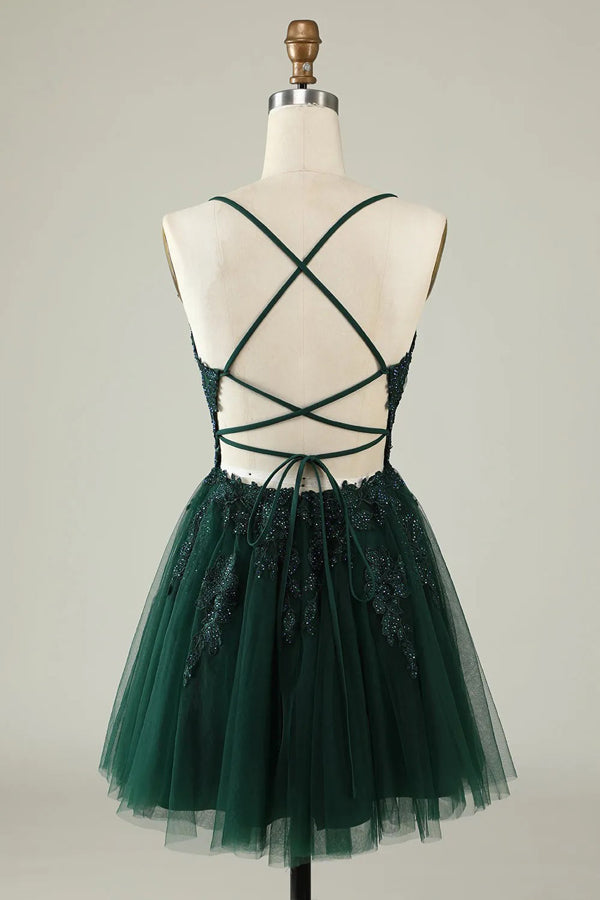 Vestido corto de tul gris azulado con tirantes finos y corte en A para baile de bienvenida PD527