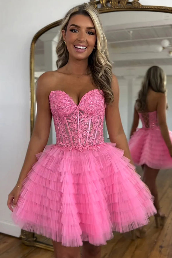 Vestido de fiesta rosa de tul sin tirantes, corte en A, con pedrería PD572