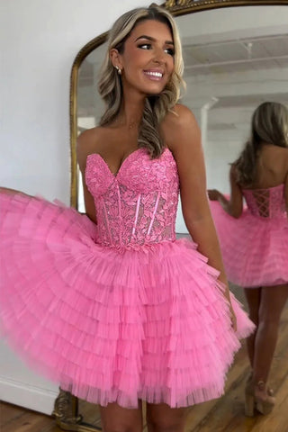 Vestido de fiesta rosa de tul sin tirantes, corte en A, con pedrería PD572