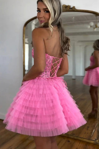 Vestido de fiesta rosa de tul sin tirantes, corte en A, con pedrería PD572