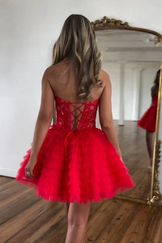 Vestido de fiesta rosa de tul sin tirantes, corte en A, con pedrería PD572