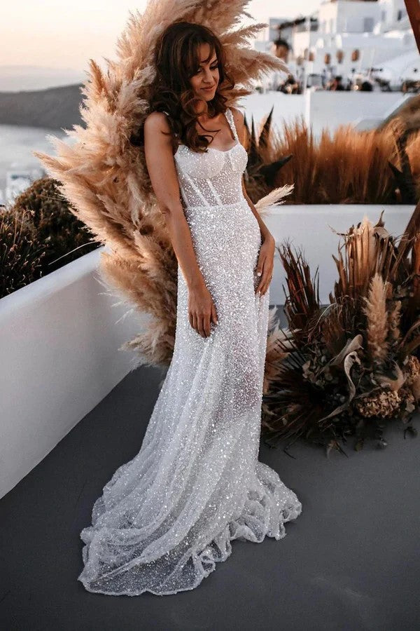 Vestido de novia playero corte A con escote corazón y lentejuelas brillantes WD739