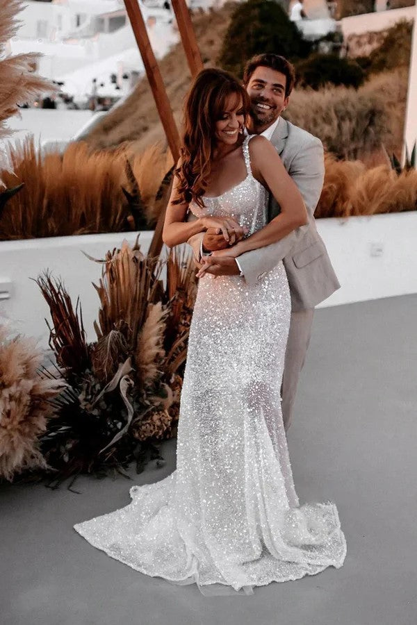 Vestido de novia playero corte A con escote corazón y lentejuelas brillantes WD739