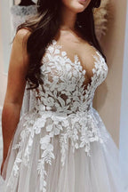 Vestido de novia de playa con escote en V, tul y apliques de encaje, corte línea A, WD669