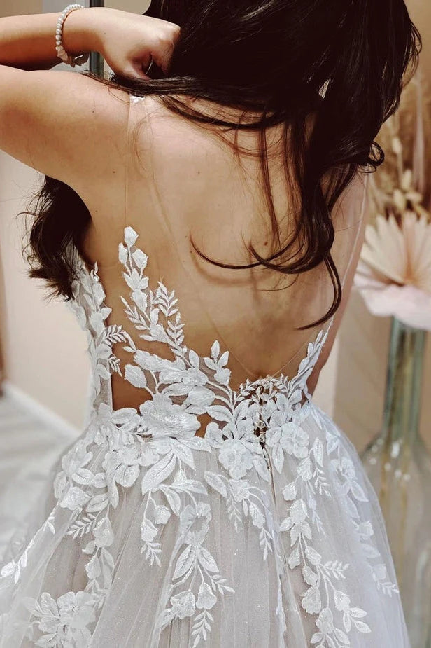 Vestido de novia de playa con escote en V, tul y apliques de encaje, corte línea A, WD669