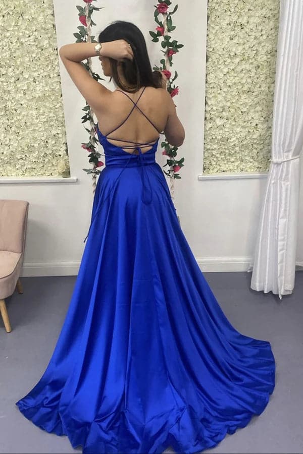 Vestido de graduación azul real con abertura SYP4