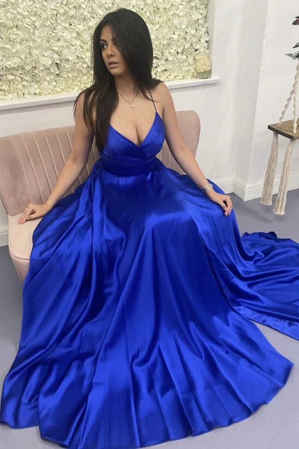 Vestido de graduación azul real con abertura SYP4