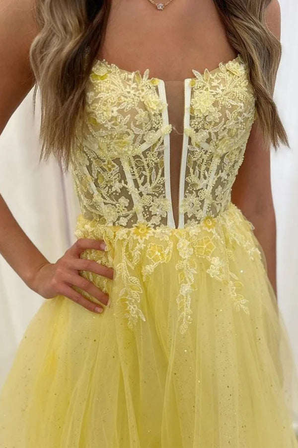 Vestidos largos de fiesta de encaje amarillo con escote en V, espalda descubierta y corte en A