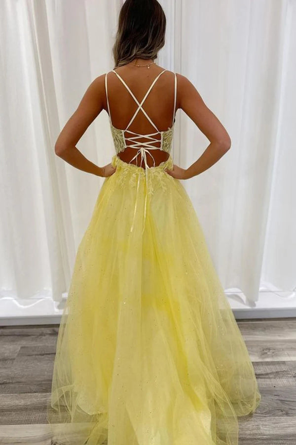 Vestidos largos de fiesta de encaje amarillo con escote en V, espalda descubierta y corte en A