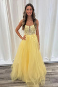 Vestidos largos de fiesta de encaje amarillo con escote en V, espalda descubierta y corte en A