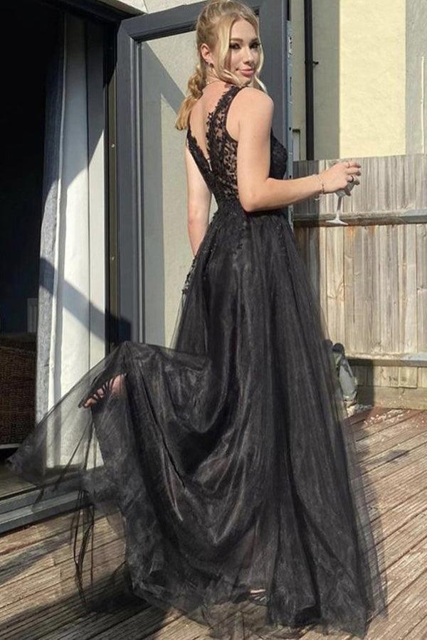 Vestido de fiesta negro de tul con escote en V y corte en A