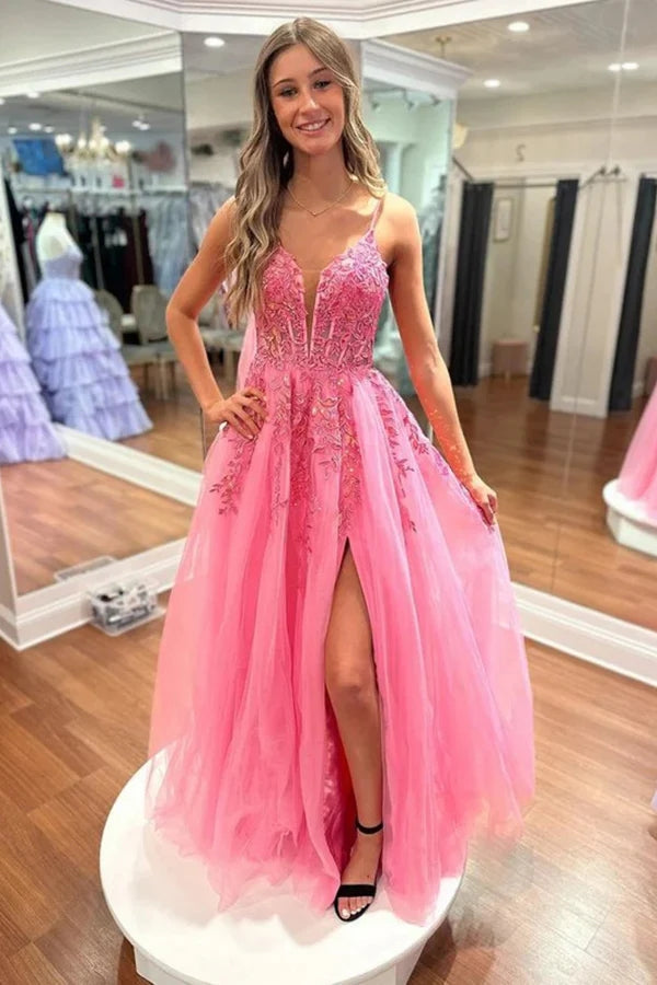 Vestidos largos de fiesta de encaje rosa fucsia con escote en V y corte en A, con abertura.