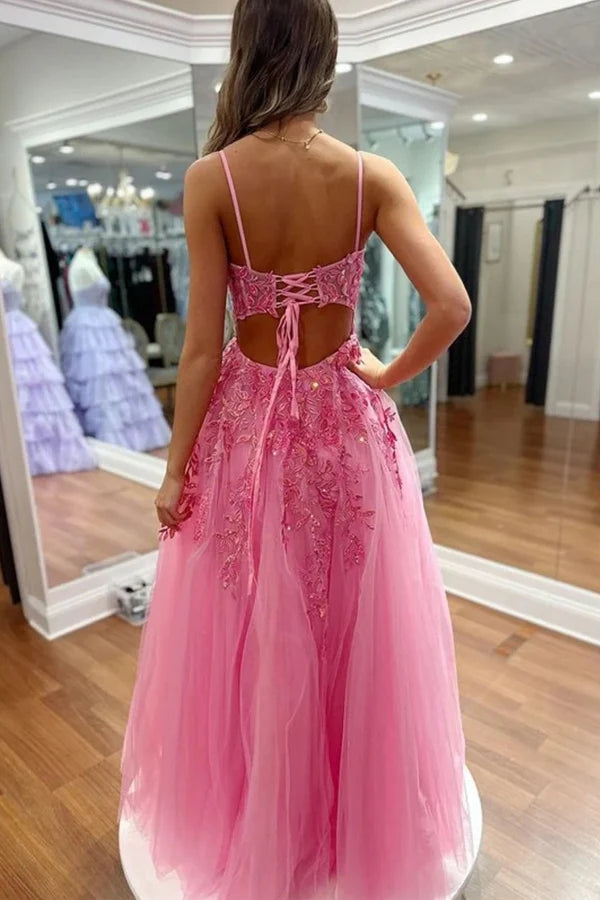 Vestidos largos de fiesta de encaje rosa fucsia con escote en V y corte en A, con abertura.