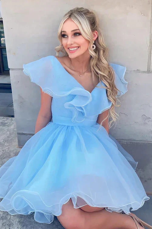 Vestido de fiesta de línea A con escote en V y volantes de organza SYH105