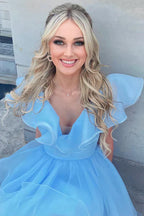 Vestido de fiesta de línea A con escote en V y volantes de organza SYH105