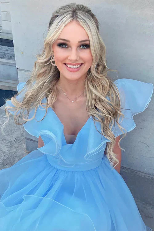 Vestido de fiesta de línea A con escote en V y volantes de organza SYH105