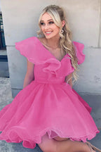 Vestido de fiesta de línea A con escote en V y volantes de organza SYH105