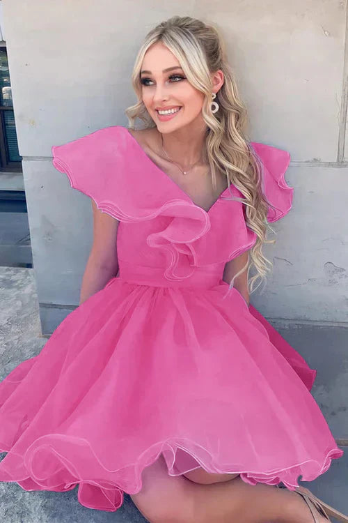 Vestido de fiesta de línea A con escote en V y volantes de organza SYH105