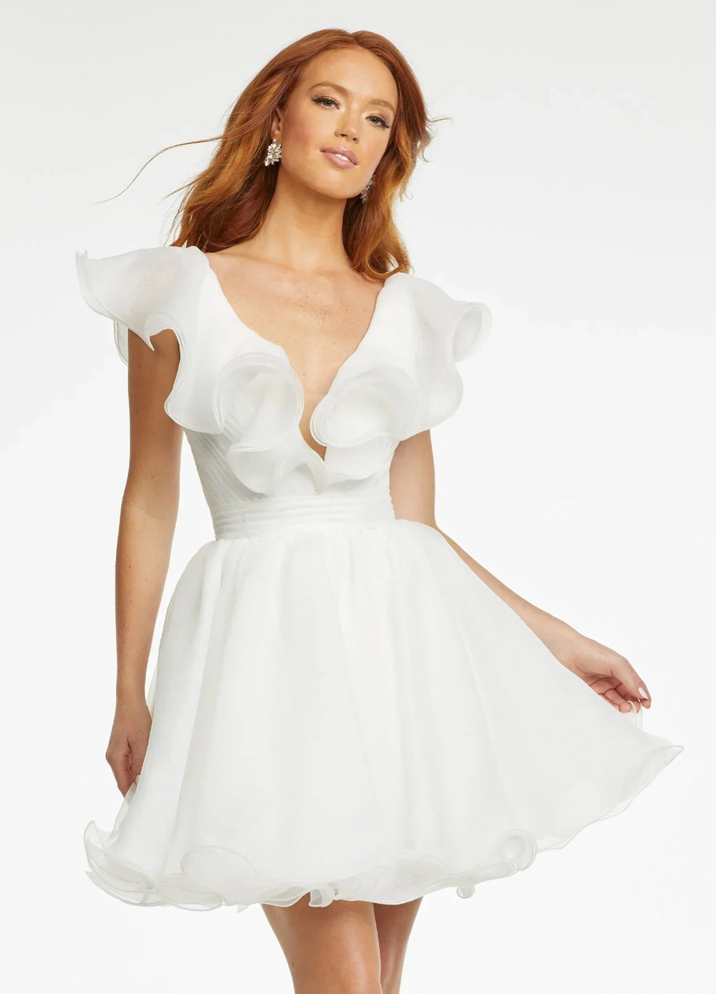Vestido de fiesta de línea A con escote en V y volantes de organza SYH105