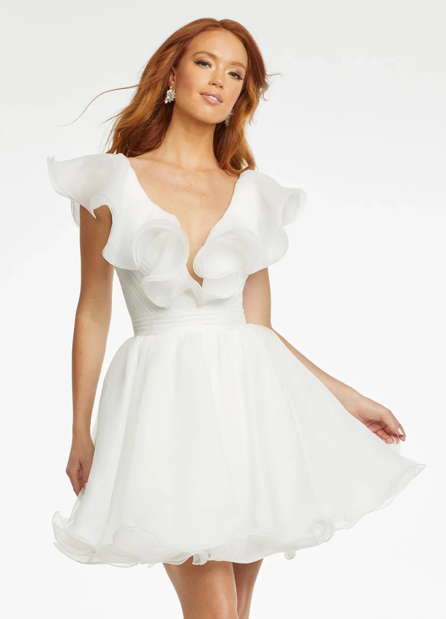 Vestido de fiesta de línea A con escote en V y volantes de organza SYH105