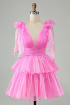 Robe de bal courte plissée à col en V SYH109
