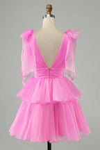 Robe de bal courte plissée à col en V SYH109