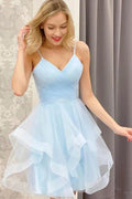 Vestidos cortos de fiesta azules con escote en V y corte en A, de tul, para baile de bienvenida PD457