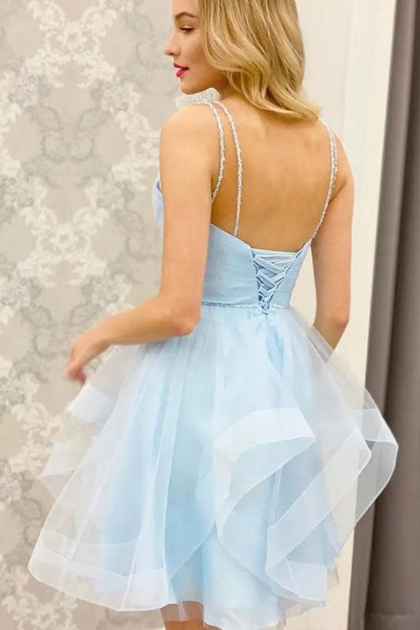 Vestidos cortos de fiesta azules con escote en V y corte en A, de tul, para baile de bienvenida PD457