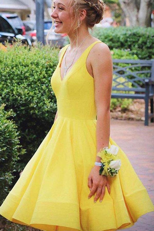 Vestidos cortos de fiesta amarillos de satén con escote en V y corte en A, modelo PD467