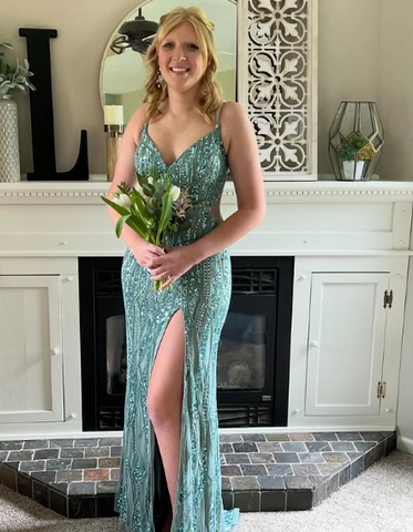 Precioso vestido de noche verde con tirantes finos, tul y lentejuelas, con abertura, estilo vestido de graduación Y7919