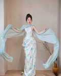 Pretty Satin Print Floral Prom Dress Blue Mermaid Evening Dress Y8543