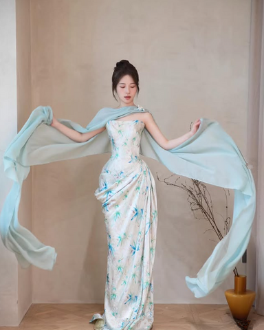 Pretty Satin Print Floral Prom Dress Blue Mermaid Evening Dress Y8543