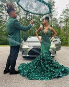 Robe de soirée sirène verte luxueuse à fleurs 3D, robe de concours Y6356