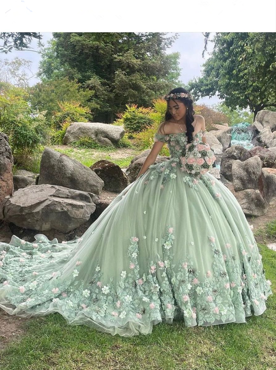 Vestido de quinceañera de princesa verde de lujo con hombros descubiertos, apliques de flores 3D, vestido de baile Y4147