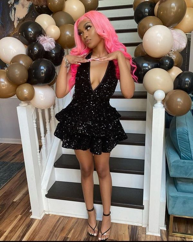 Robe de bal courte noire sexy à paillettes, dos nu, à volants et sequins, idéale pour les soirées et les fêtes (Y4111)