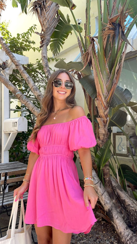 Vestido de fiesta rosa fucsia de corte A con mangas abullonadas, estilo veraniego Y2758