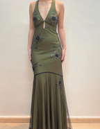 Robe de soirée sirène vintage en satin à perles et dos nu, robe de bal verte sexy Y8228