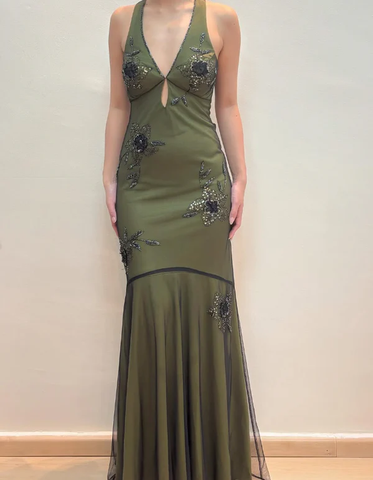 Vintage Halter Satin Beaded Mermaid Evening Dress Sexy Backless Green Prom Dress Y8228