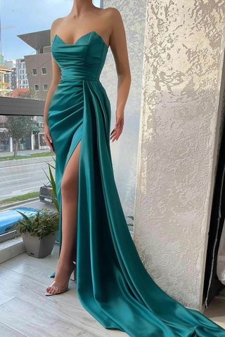 High Side Slit Strapless Evening Dresses Latest Long Prom Dresses Sexy Party Dresses with Streamer Y5353
