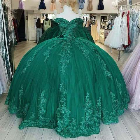 Vestido de quinceañera de tul y encaje con hombros descubiertos, vestido de baile con apliques verde oscuro Y4080