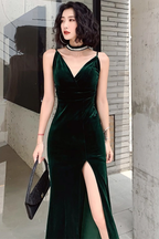 Robe de bal longue en velours vert foncé à col en V simple, robe de soirée formelle en velours vert foncé pour remise de diplômes Y2926