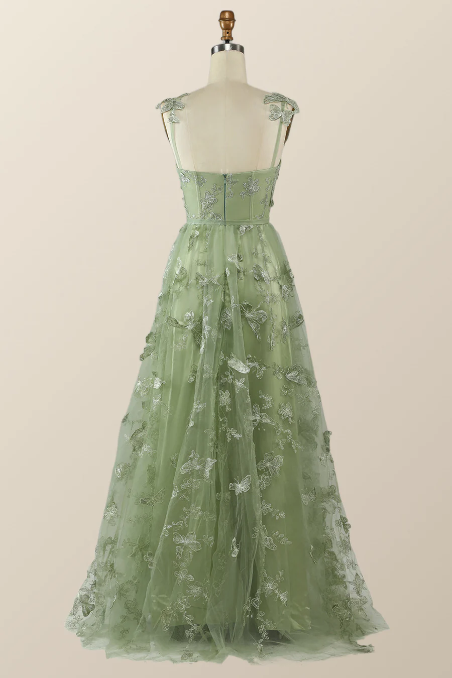 Vestido de noche largo de fiesta corte A con mariposas en color verde salvia Y2801