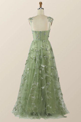 Robe de soirée longue trapèze vert sauge à motif papillon Y2801