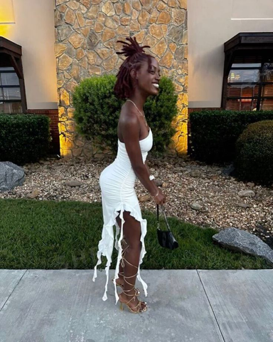 Vestido de noche blanco sexy sin tirantes con volantes, ideal para cumpleaños (Y7945)