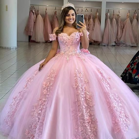 Vestido de baile morado con hombros descubiertos y apliques de tul, vestido para quinceañera Y5472