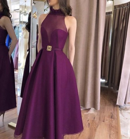 Vestido de fiesta morado de corte A sin mangas, vestido de noche morado de cuello alto Y5859